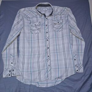 BKE Athletic Fit Shirt Men’s 2XL White Blue Plaid Pearl Snap Western